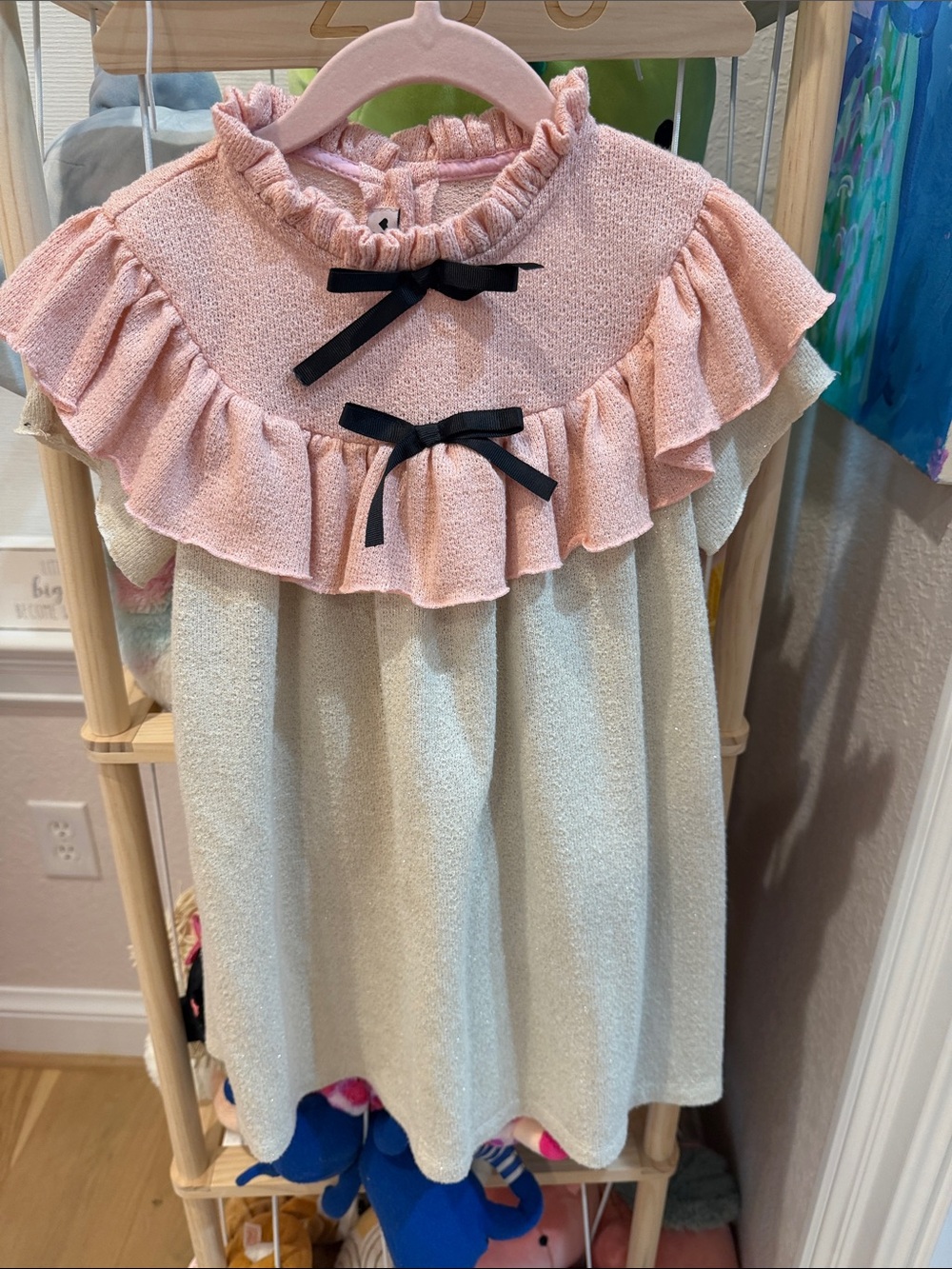 Girls Pink and Cream Ruffle Dress with Black Bows